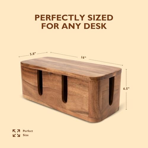 Image of Cable Management Box & Cord Organizer- Cable Organizer for Desk, Home, Office. Hides Wires, Surge Protectors, Power Strips. Eco Friendly Mango Wood Cord Management Solution (Natural Acacia)
