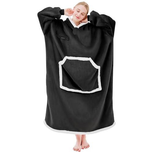 IFNOW Wearable Blanket Hoodie, Oversized Sherpa Fleece Hooded Sweatshirt with Eye Mask, Cozy and Giant Blanket Hoodie with Sleeves Extra Long for Adults Men Women, Black
