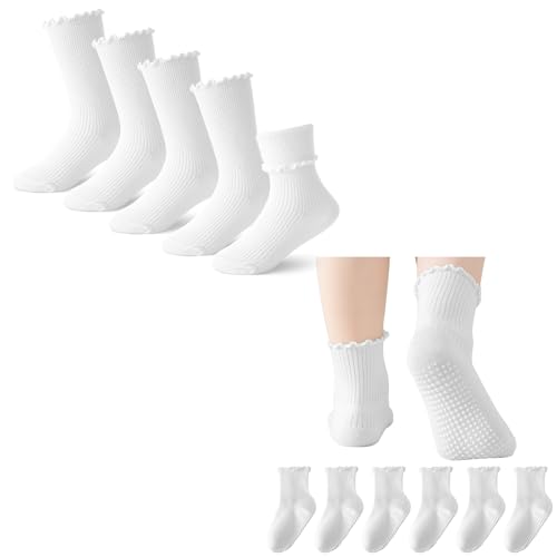 BISOUSOX White Ruffle Socks for Girls, Baby Girl Toddler Grip Socks Cute Grippy Frilly Dress Sock 0-6 6-12 Months 1-5T 8-12Years