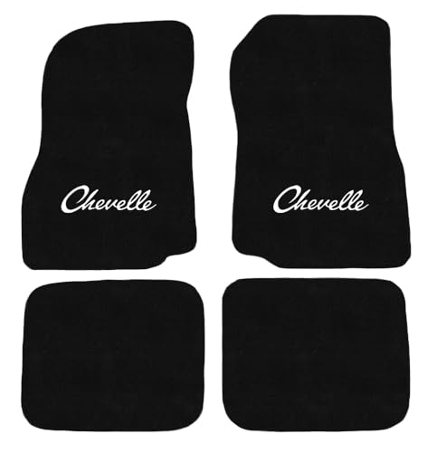 AveryAutoMats Custom Fit 4 Piece Carpet Floor Mats Compatible with 1968-1972 Chevrolet Chevelle with Silver Embroidered Logo on Front Mats - Black