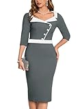 MUXXN Women's Vintage Slim Style 1950s V Neck Midi 3/4 Sleeve Bodycon Cocktail Business Pencil Dress Gray S