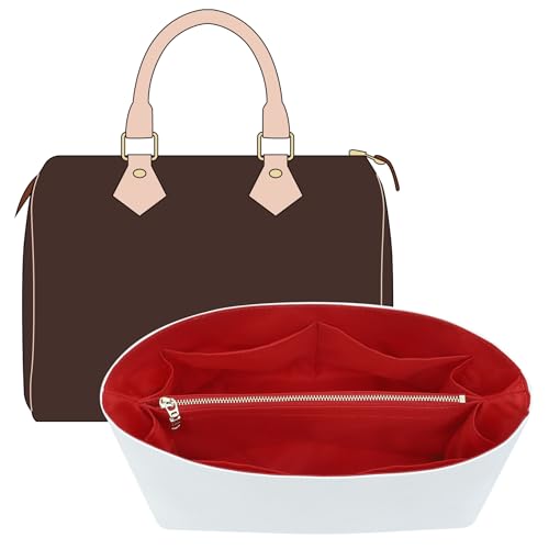 OAikor Speedy 30 Purse Organizer Insert for Lv Bags and More Light Waterproof DupontPaper Bag Insert Shaper Protector for Women Tote Handbags 11 Pockets with Zip(White&Red L)