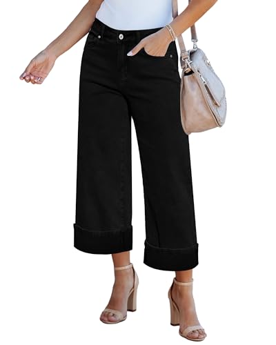 GRAPENT Wide Leg Jeans for Women High Waisted Stretchy Denim Crop Pants Fold Hem Cropped Baggy Jeans with Pockets
