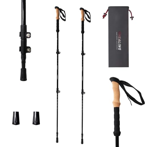 KHEALING Bastones de senderismo de fibra de carbono, retráctiles, agarre de corcho, con bolsa de almacenamiento y tapa para bastones, para senderismo y senderismo