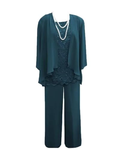 Teal Mother of the Groom Pantsuits for Wedding 3 Pcs Chiffon Grandmother of the Bride Pant Suits Lace Formal Outfits for Women Size US16