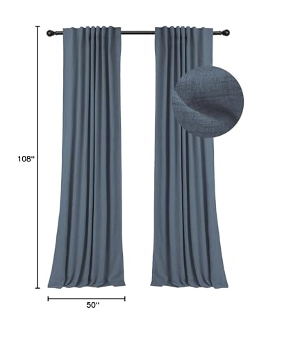 INOVADAY 100% Blackout Curtains 108 Inches Length 2 Panels Set, Back Tab/Rod Pocket Linen Black Out Curtains for Bedroom, Thermal Insulated Window Drapes - Slate Blue, W50 X L108