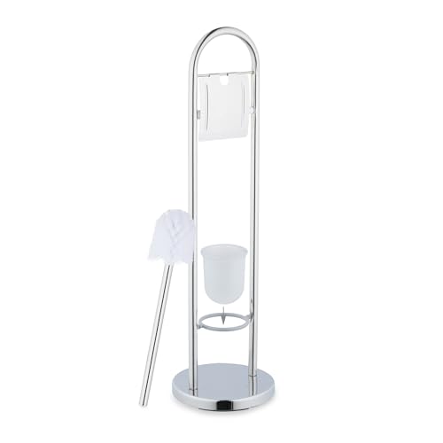 Image of Relaxdays Toilet Brush Holder Stainless Steel H x D 79 x 22 cm Standing Toilet Paper Holder Toilet Brush with Brush Holder Silver