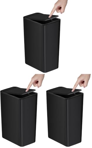 Image of TIPGO Bathroom Trash Can with Lid, 10 Liter / 2.6 Gallon Slim Garbage Can, Small Trash Bin Waste Basket with Pop-Up Lid for Kitchen, Bedroom, Living Room, Office (Black) (Pack of 3)