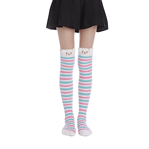Image of Thigh High Fuzzy Socks Cute Animal Coral Fleece Over the Knee Thigh High Long Stockings Warm Stripe