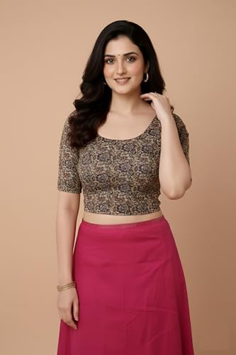 Image of Amazon Brand - Anarva Women's Kalamkari Print Cotton Stretchable Round Neck Readymade Saree Blouse