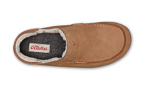 Olukai Kipuka Hulu Men's Leather Slippers, Premium Nubuck Leather Slip On Shoes, Shearling Lining & Gel Insert, Drop-In Heel Design, Natural/Natural, 14 #TOP1