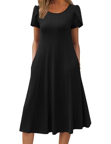 Zeagoo Women Summer Dresses Elegant Short Sleeve Ladies Dresses Crew Neck Midi Dress with Pockets Black XL