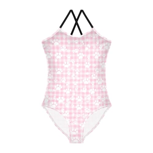 Checked Paw Pink Girl One Piece Swimsuit, Spaghetti Straps, Cross Back Design, Ages 3T