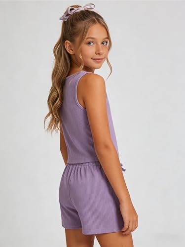 Image of Cakaner Tween Girls 2 Piece Outfit Set Summer Tank Top and Elastic Waist Shorts with Belt Size 7-14