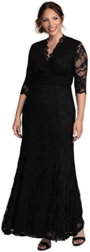 Kiyonna Women's Plus Size Screen Siren Lace Gown, Long Formal Dress for Women, Evening Maxi Ball Gown for Wedding Guest, Mother of The Groom or Bride, Black Tie Event, 3/4 Length Sleeves