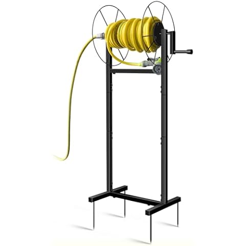 QwayHome Garden Hose Holder Freestanding with Water Hose Reel Rotate 360 Degree, Outdoor Heavy Duty Metal Water Hose Reel Stand, Sturdy Hose Storage Rack, Support 150ft Hose Cover