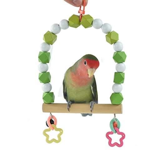 Wooden Bird Swing Perch for Parakeet, Small Birds Hanging Cage Stands Cockatiels Parrot Colorful Beads Bell Trainning Toy Playground Gym Accessories for Lovebirds Conures Budgies - Image 3