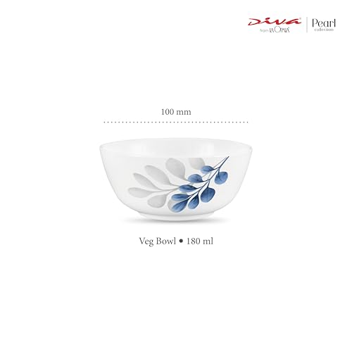 Image of La Opala Diva, Pearl Collection Opal Glass Crockery | Vegetable Bowl 220 ml Set of 6 | Indigo Bliss Design | for dal & Condiments | Microwave Safe | 100% Vegetarian | Extra Strong | Light & White