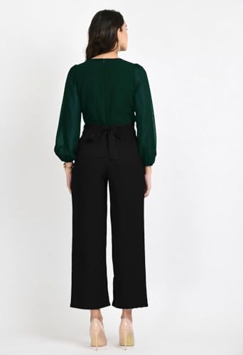 Image of V&M Women's Black V-Neck Jumpsuit | Full Sleeve Straight-Leg One-Piece with Side Pockets | Elegant Western for Office, Party & Evening Outfits