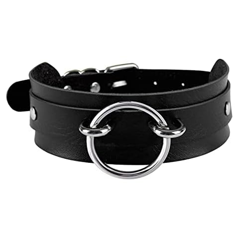 Tosmifairy Men's Black Wide Faux Leather Collar Choker Adjustable Thick PU Necklace for Women,Alloy Metal Big Round Ring Charm (Black+Chocker) Cover
