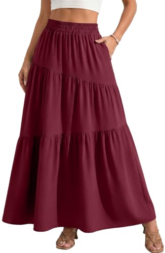 GRECERELLE Women's Red Boho Tiered A-Line Maxi Skirt High Waisted Flowy Casual Summer Long Skirts with Pockets for Vacation, M