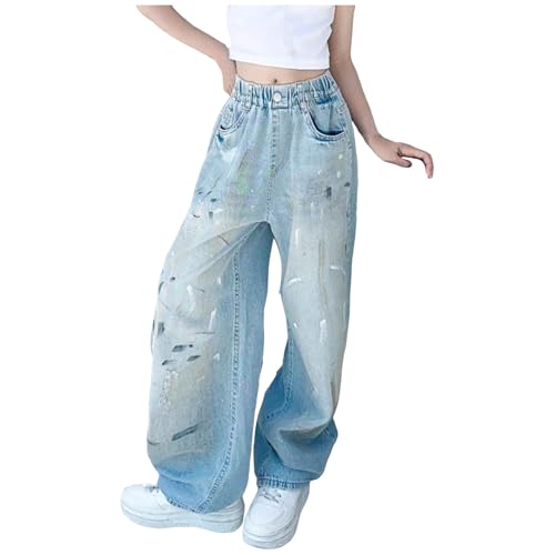Girls Baggy Jeans with Pockets Kids Y2K Streetwear Relaxed Fit Elastic High Waisted Straight Leg Printed Denim Pants