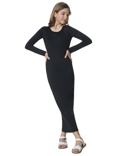Mebius Girls Bodycon Maxi Dress Spaghetti Strap Slip/Long Sleeve Pencil Black Long Dresses Round Neck Casual Party 8-14Y2