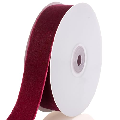 ATRBB Wine Red Velvet Ribbon - 1 Inch Width 10 Yards Per Roll - Classic Elegant Flocked Ribbon for Gift Wrapping Crafts and Decorations