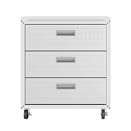 Image of Manhattan Comfort Fortress 31.5-Inch Rolling Garage Tool Chest, 3-Drawer Lockable Mobile Storage Cabinet, Diamond-Textured Steel Utility Organizer with Wheels for Basement, Workshop in White