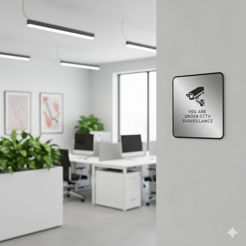 Image of Premium Burshed Silver Black Square 6x6 inch CCTV Acrylic Sign Board For Glass Doors For Office, Stores, Cafe, Hotel, Restaurant, Business & Shop, Self-Adhesive
