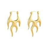 Edgy Flame Hoop Earrings for Women, Punk Fire Earrings, Minimalist Hoop Earrings, Rave Jewelry Gift for Women - Gold