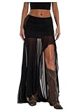Verdusa Women's Western Sheer Mesh Pleated Maxi Skirt Split Thigh Asymmetrical Bodycon Long Skirts Black Medium
