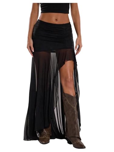 Verdusa Women's Sheer Mesh Pleated Maxi Skirt Split Thigh Asymmetrical Bodycon Long Skirts Black Medium