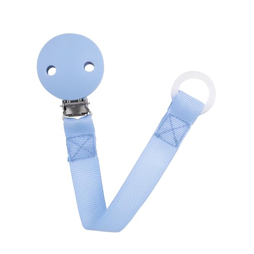 babynova Cadena para chupete con correa de tela, clip y anillo de silicona – Portachupetes para bebés – Compatible con cualquier chupete – Esencial para recién nacidos – Sin BPA – Azul