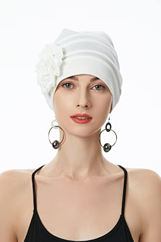 Women Turban Beanie Hat With Flower Chemo Headwear Elastic Head Wrap Cap (Floral White) #TOP2
