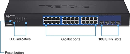 Image of TRENDnet 28-Port Web Smart Switch, 24 x Gigabit Ports, 4 x 10G SFP+ Slots, High Speed Network Uplinks, 128 Gbps Switching Capacity,1U Rack Mountable,Lifetime Protection, Black, TEG-30284