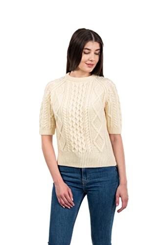 Traditional Irish Sweater for Ladies Short Sleeve Cable Knit - 100% Merino Wool2