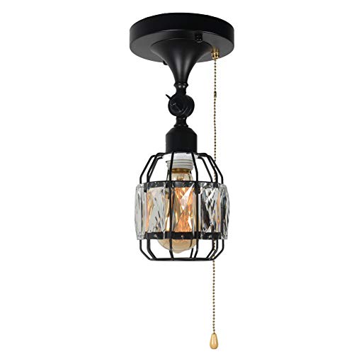 Baiwaiz Crystal Cage Semi Flush Mount Light with Pull Chain, 1-Light Black Metal Mini Modern Industrial Ceiling Light Adjustable Small Round Wall Sconce Lamp Pull String Light Fixture Edison E26 133