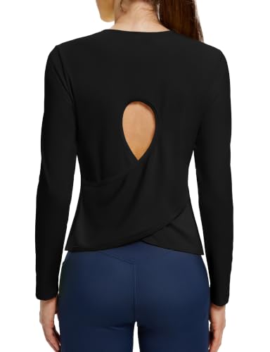 Alaroo Open Back Workout Tops for Women Long Sleeve Gym Yoga Sport Athletic Shirts Split Back Loose Crop