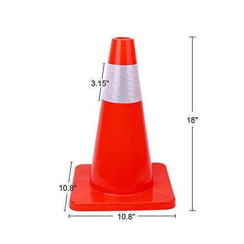 [ 10 Pack ] 18" Traffic Cones PVC Safety Road Parking Cones Weighted Hazard Cones Construction Cones for Traffic Fluorescent Orange w/4" Reflective Strips Collar Traffic Safety Cones