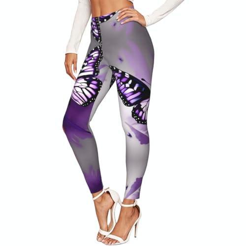 Leggings de compresión elásticos para mujer con estampado de mariposas moradas