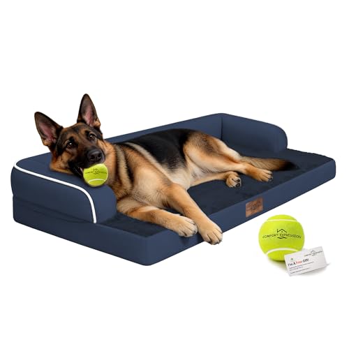Image of Comfort Expression Washable Orthopedic Dog Bed for Extra Large Sized Dogs | Waterproof Memory Foam Pet Bed 48x33 Inch with Removable Cover with Non-Slip & Bolster, Navy Blue