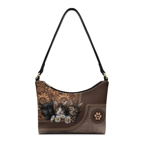 FANCOSAN Sac à bandoulière en cuir avec motif chat et marguerites pour femme, sac à main rétro avec fermeture éclair, poignée sur le dessus, sac à main...
