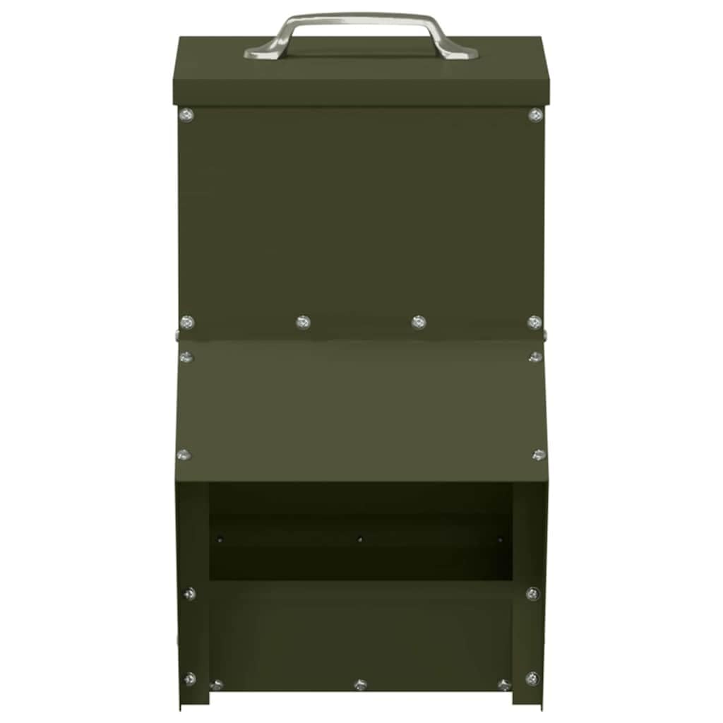 Comedero para gallinas de metal acero verde oliva 20 x 25 x 35 cm, diseño moderno y limpio para interior y exterior, práctico para alimentar aves de corral con fácil mantenimiento