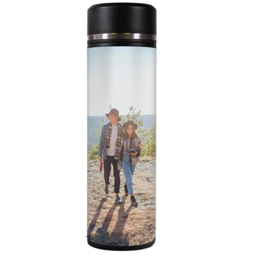 Personalisierte Thermosflasche von Dottie Bottle - Trinkflasche 'Lotty' mit eigenem Motiv bedrucken - Schwarze, auslaufsichere Trinkflasche aus Edelstahl