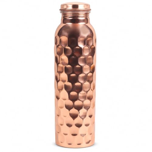 SUVIRA Pure Copper Water Bottle for Drinking Water, 32 fl oz, Unlined Reusable Vessel with Leak-Resistant Screw Cap, Certificate Included, Diamond Pattern
