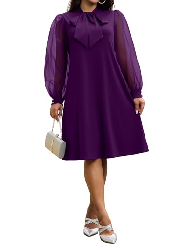 Ekaliy Women's Puff Sleeves A-Line Dress V Neck Bow Loose Flowy Cocktail Party Dress with Pockets4