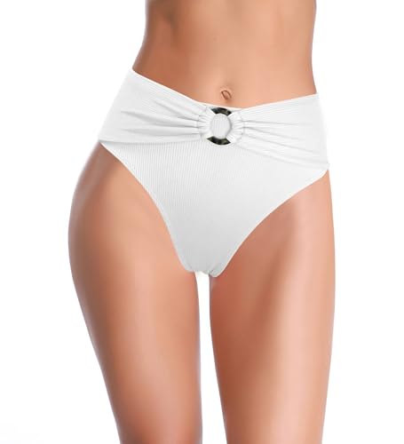 SHEKINI Women High Waisted Swim Bottoms Double-Layer High Cut Sexy Swim Briefs Tummy Control Bikini Bottoms White-M