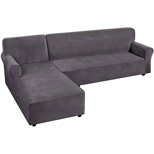 厚いベルベットのL字型ソファカバー/2ピースストレッチソファスリップカバーソファカバープラスノンスリップストラップ付き左寝椅子カバーペット用家具プロテクター子供用-グレー-左長椅子付き3人乗り