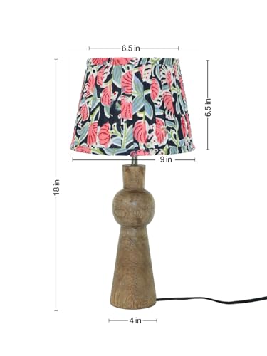 Image of Green Girgit Wooden Skirt Brown Table Lamp with Pleeted Multicolor Black Shade, Bedside Night Lamp with Printed Shade, Modern LED Lighting, E27 Bulb Compatible, Corded Electric, 6.5X9X18 inches